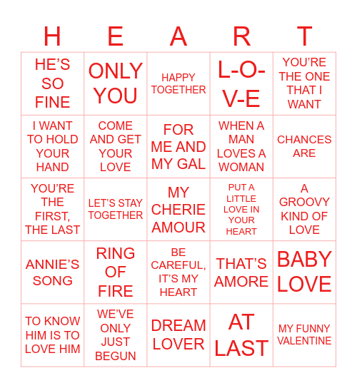 LOVE SONG BINGO Card