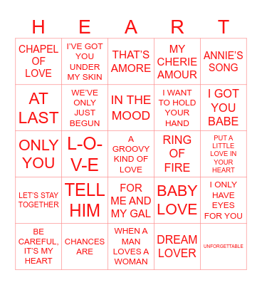 LOVE SONG BINGO Card