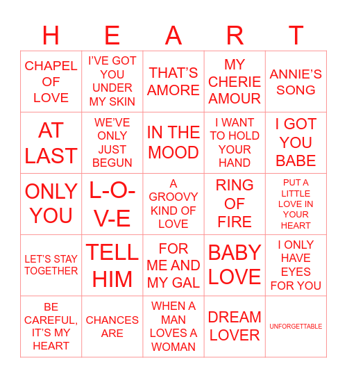 LOVE SONG BINGO Card