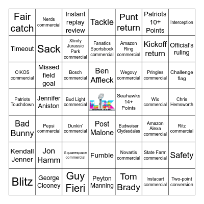 Super Bowl LX Bingo Card