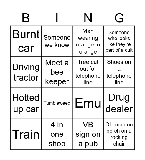 Country Roads Take Me Home Bingo Card