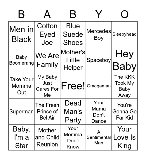 B-A-B-Y-O Game # 2 Bingo Card