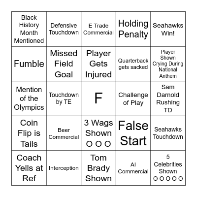 Super Bowl Bingo Card