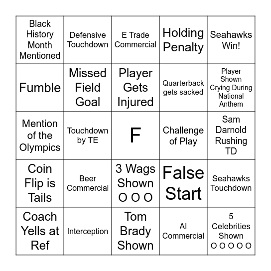 Super Bowl Bingo Card