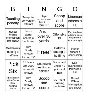 Super Bowl Bingo Card