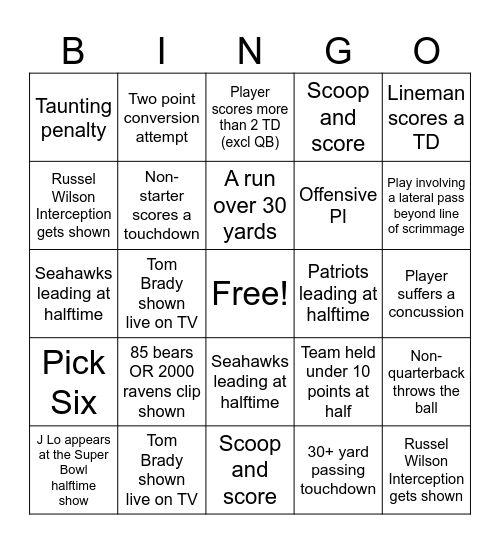 Super Bowl Bingo Card
