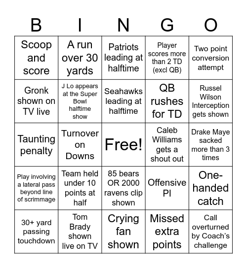Super Bowl Bingo Card