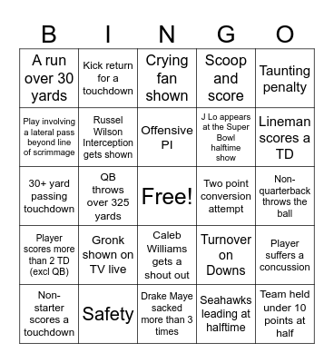 Super Bowl Generator Bingo Card
