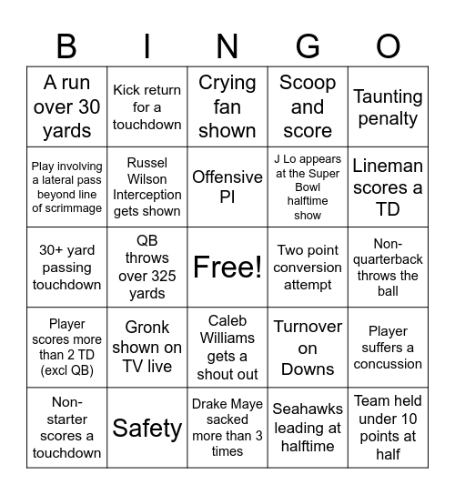 Super Bowl Generator Bingo Card