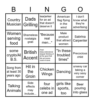 2026 Super Bowl Commerical Bingo Card