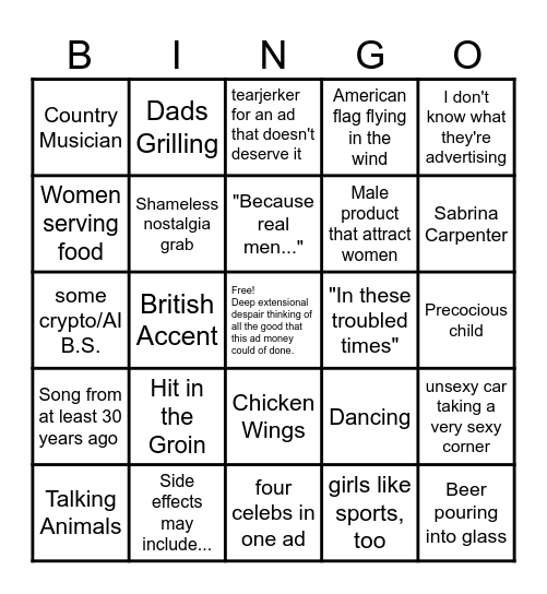 2026 Super Bowl Commerical Bingo Card