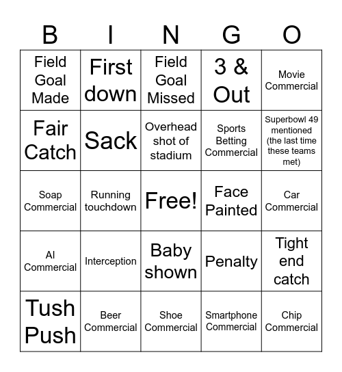 Super bowl Bingo Card