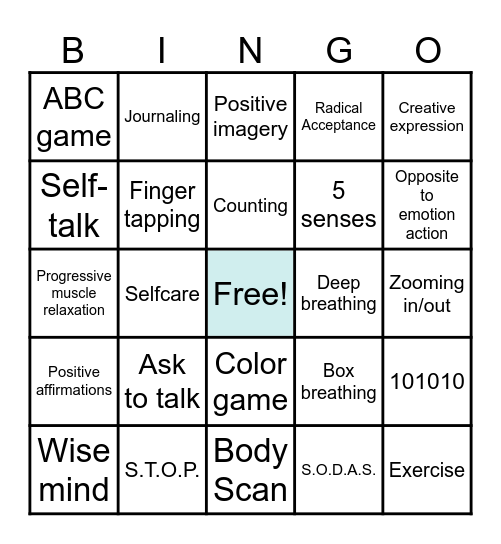 Coping Skills BINGO Card