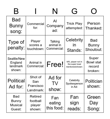 Super Bowl Bet Bingo Card