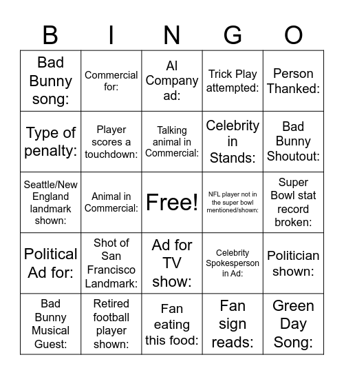 Super Bowl Bet Bingo Card