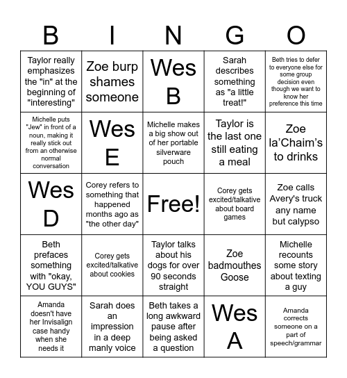 Wes Bingo Card
