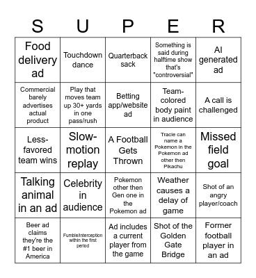 Super Bowl 2026 Bingo Card