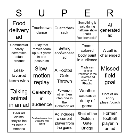 Super Bowl 2026 Bingo Card