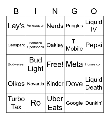 Super Bowl Commercial Bingo Card