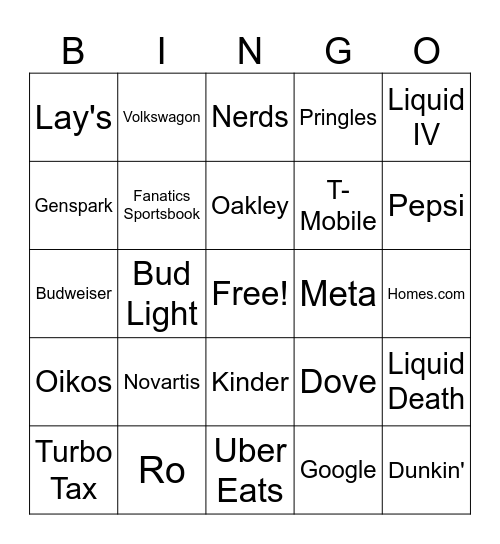Super Bowl Commercial Bingo Card