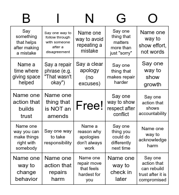 MAKING AMENDS BINGO Card