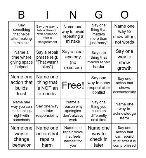 MAKING AMENDS BINGO Card