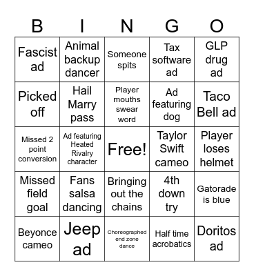 Supa Bowl Bingo Card