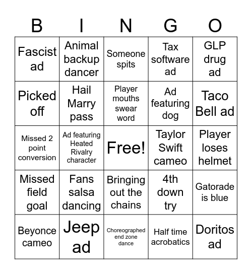 Supa Bowl Bingo Card