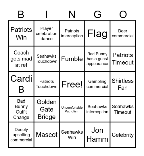Super Bowl LX Bingo Card