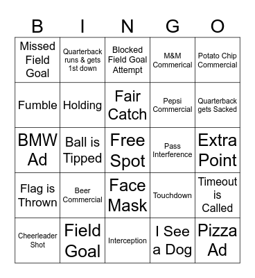 Super Bowl Bingo Card
