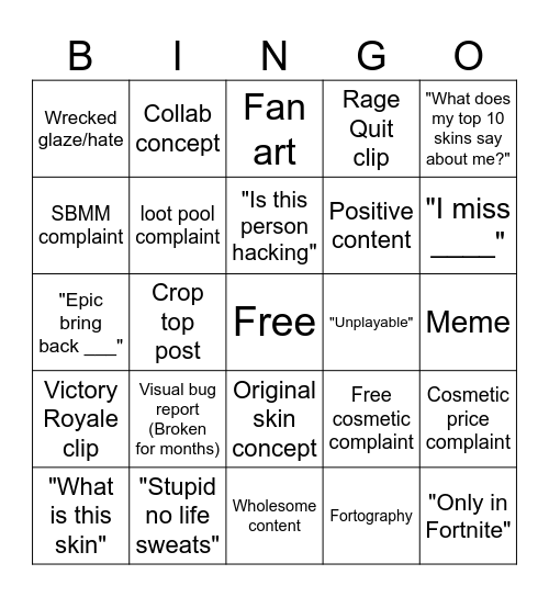 r/FortNiteBR Bingo Card