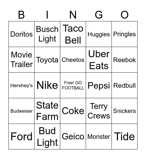 Superbowl Commercial Bingo Card