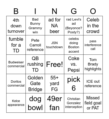 Superbowl Bingo Card