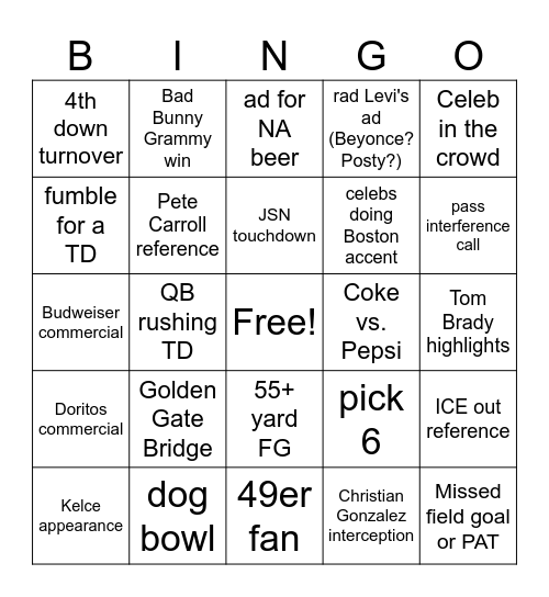 Superbowl Bingo Card