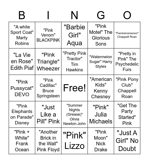 Pink Bingo Club Bingo Card