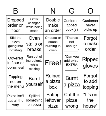 Pizza Cook Bingo Card Bingo Card