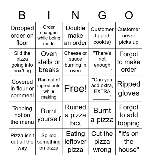 Pizza Cook Bingo Card Bingo Card