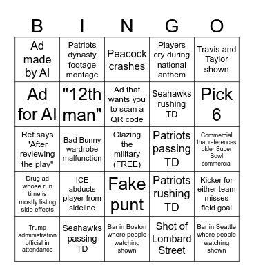 Super Bowl Bingo Card