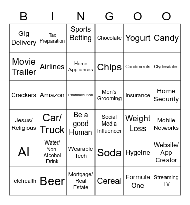 Super Bowl Ads Bingo Card