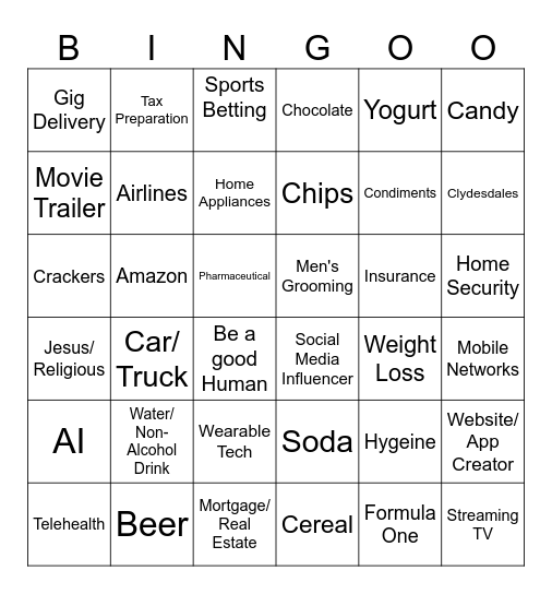 Super Bowl Ads Bingo Card