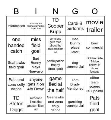 Super Bowl BINGO Card