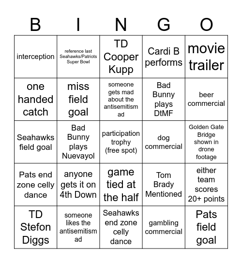 Super Bowl BINGO Card