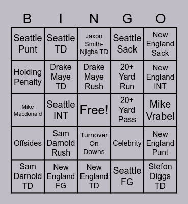 SUPER BOWL BINGO! Bingo Card