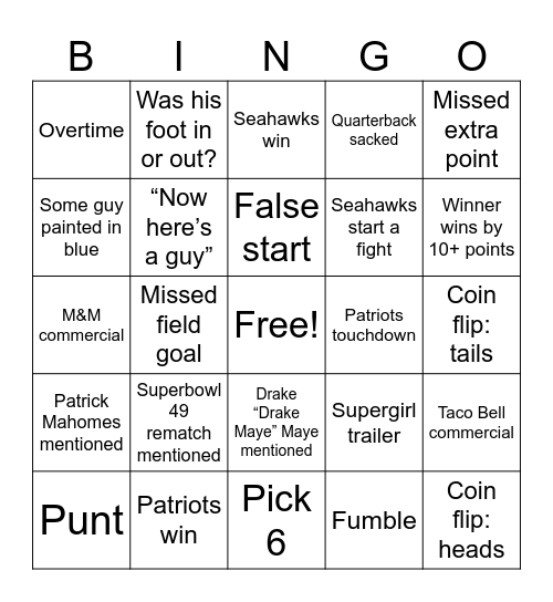 Superbowl 2026 Bingo Card