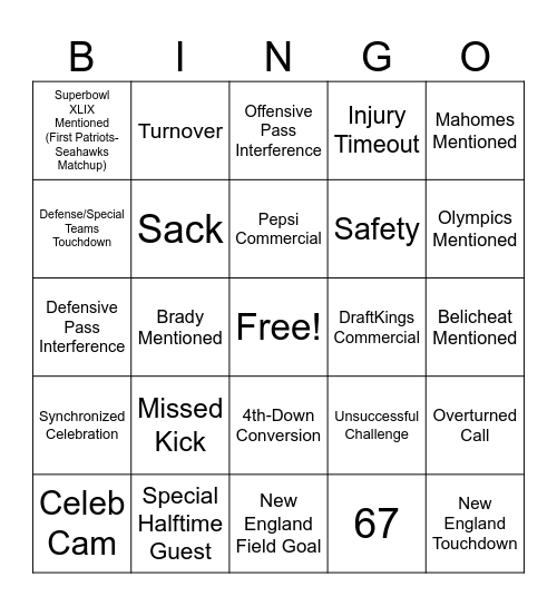 SuperBowl Bingo Card