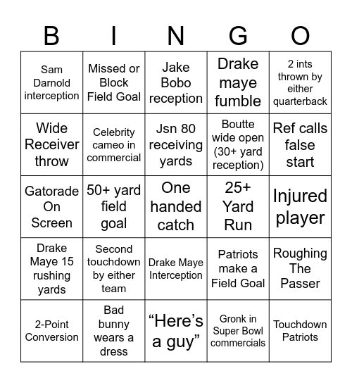 Super Bowl 60 Bingo Card