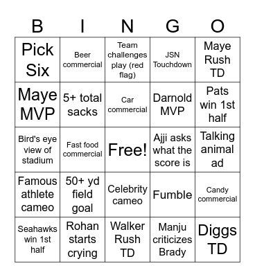 Super Bowl Bingo Card