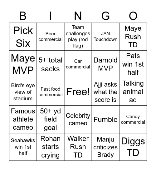 Super Bowl Bingo Card