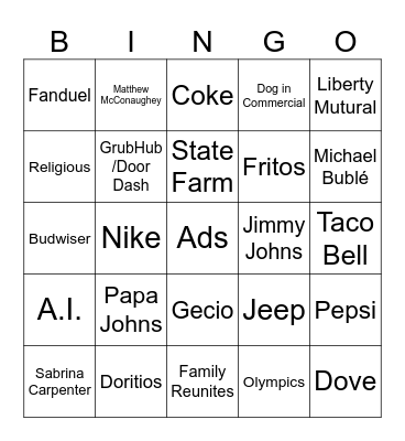Super Bowl Ads Bingo Card