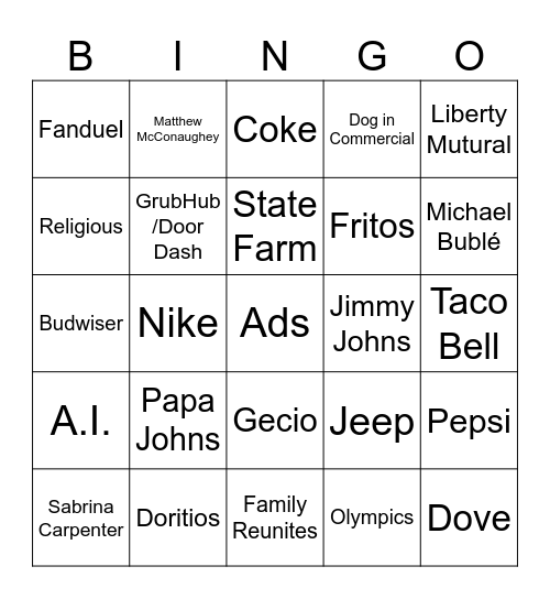 Super Bowl Ads Bingo Card